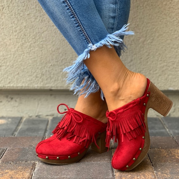 Ruby Red Fringe Tassel Studs Accent Mule Clog - Picture 2 of 8